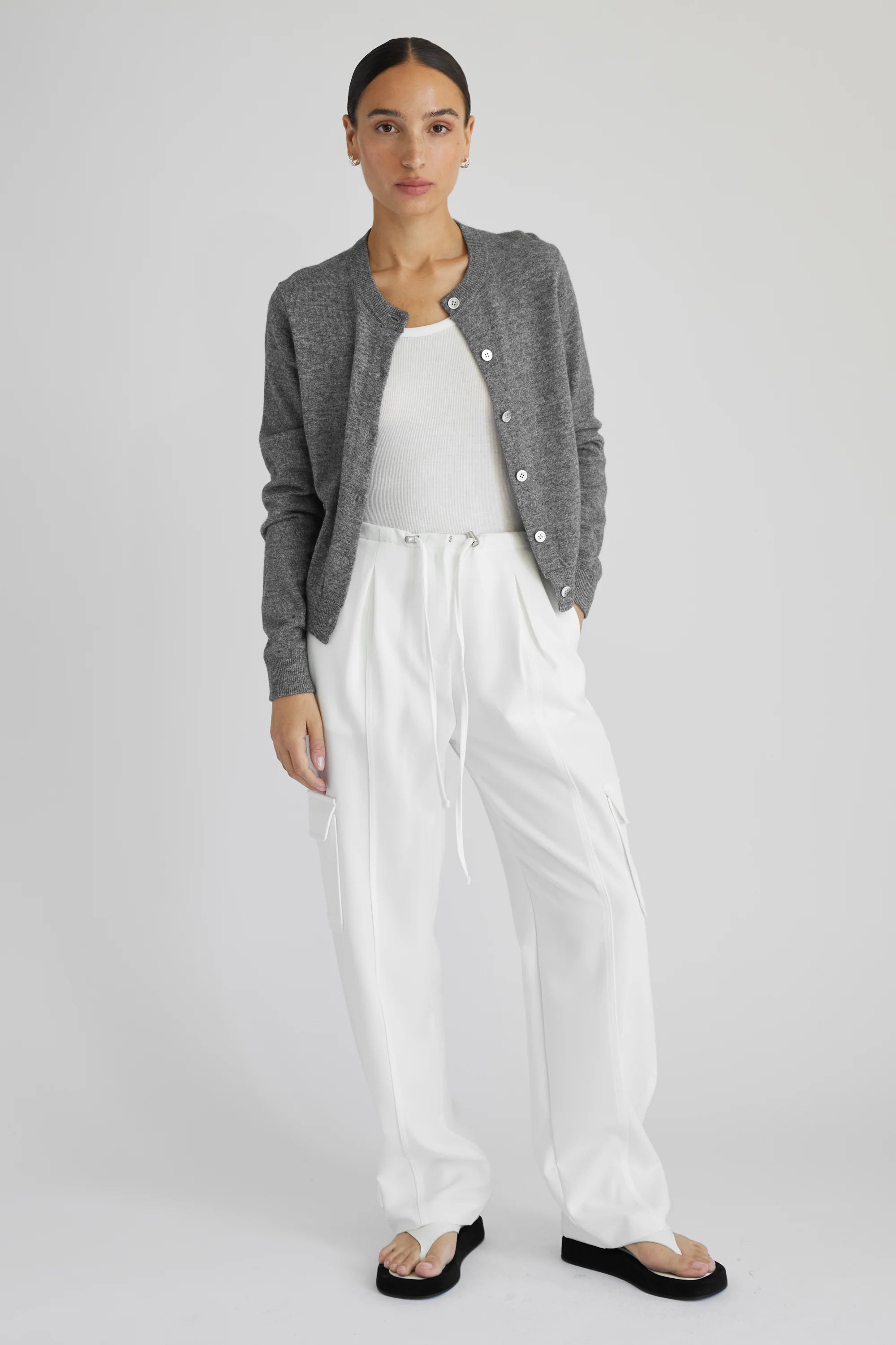 Almina Concept Classic Crew Grey Wool Cardigan