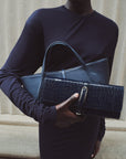 Liffner Navy Croc Embossed Leather Belted Clutch
