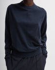 Tibi Skinlike Mercerized Wool Crewneck Pullover in Navy