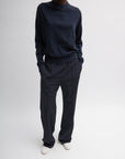 Tibi Skinlike Mercerized Wool Crewneck Pullover in Navy