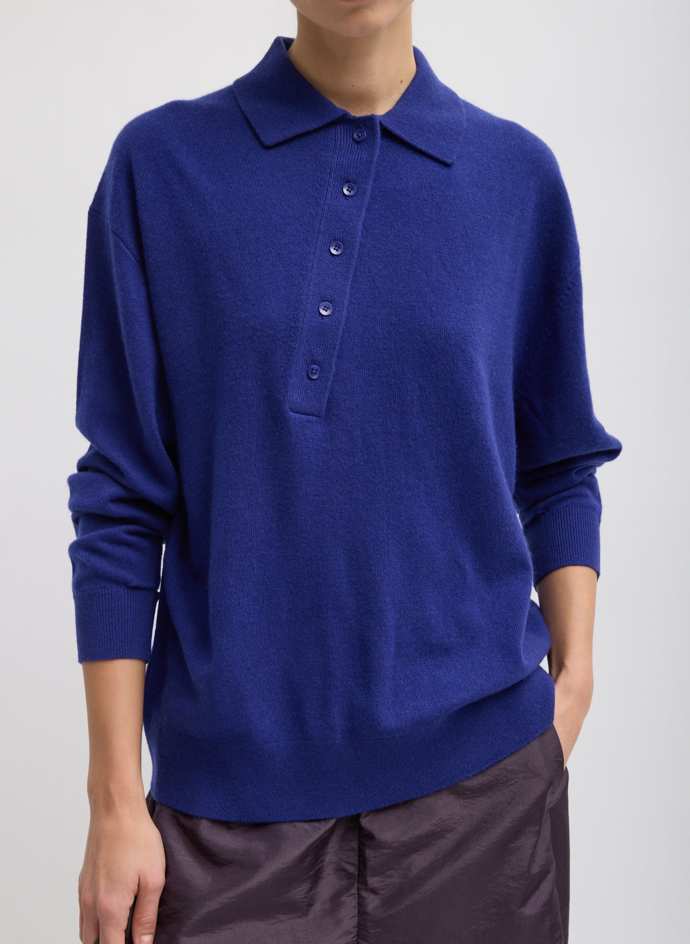Tibi Washable Cashmere Easy Polo Sweater in Ink Blue