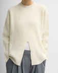 Tibi Cardigan Stitch Split Front Crewneck Pullover