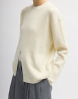 Tibi Cardigan Stitch Split Front Crewneck Pullover