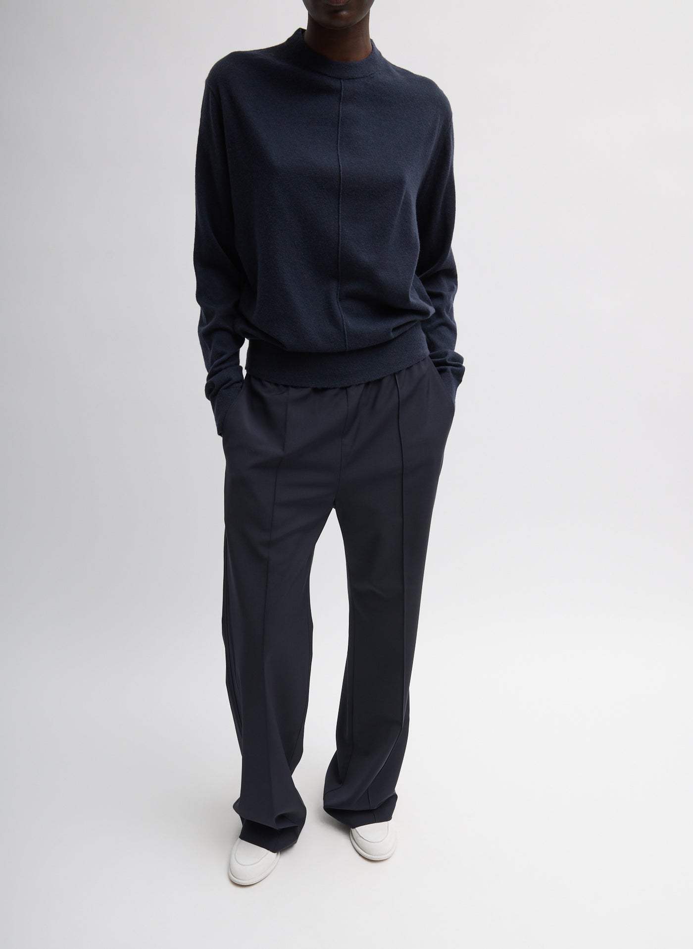 Tibi Skinlike Mercerized Wool Crewneck Pullover in Navy