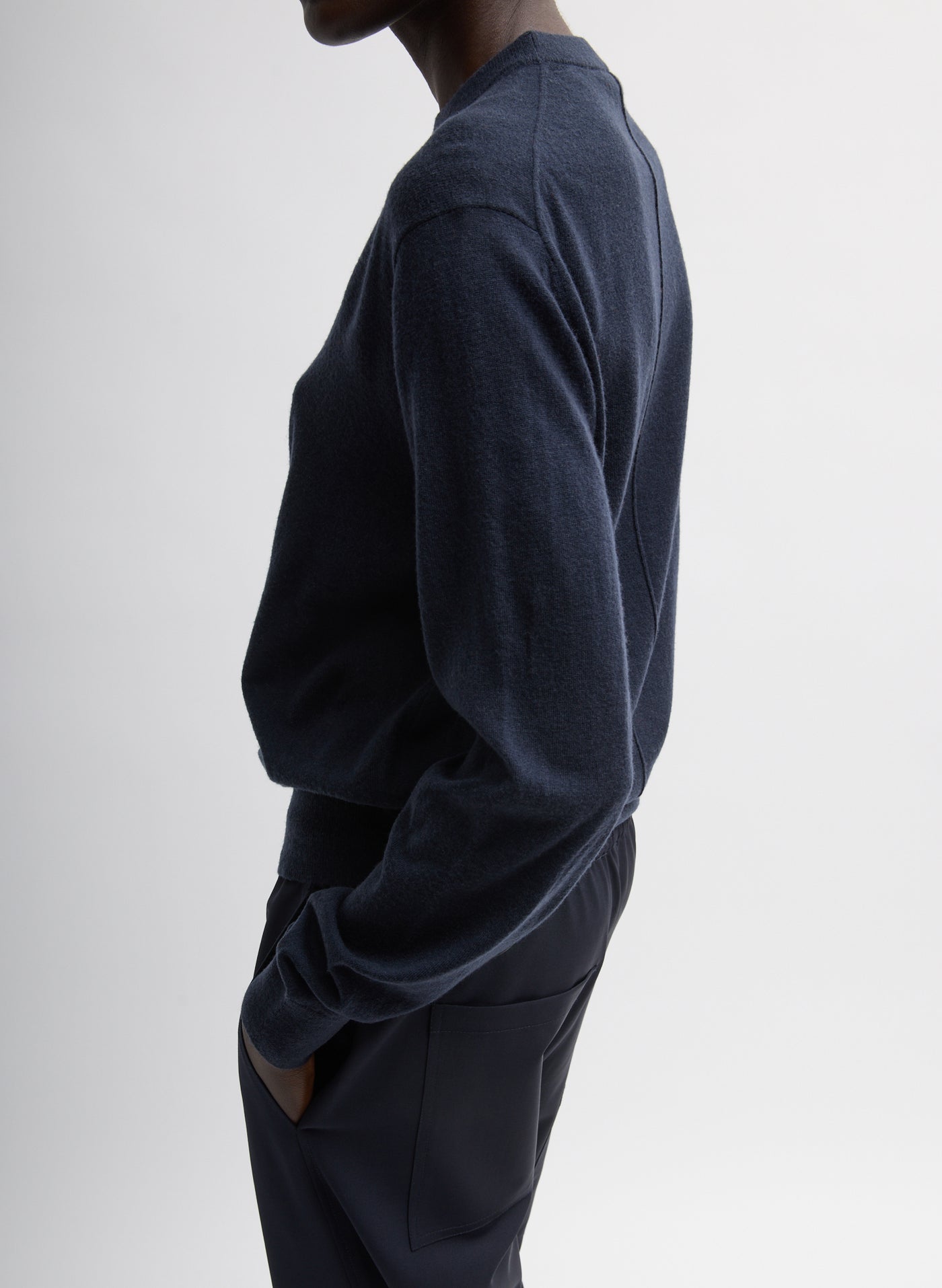 Tibi Skinlike Mercerized Wool Crewneck Pullover in Navy