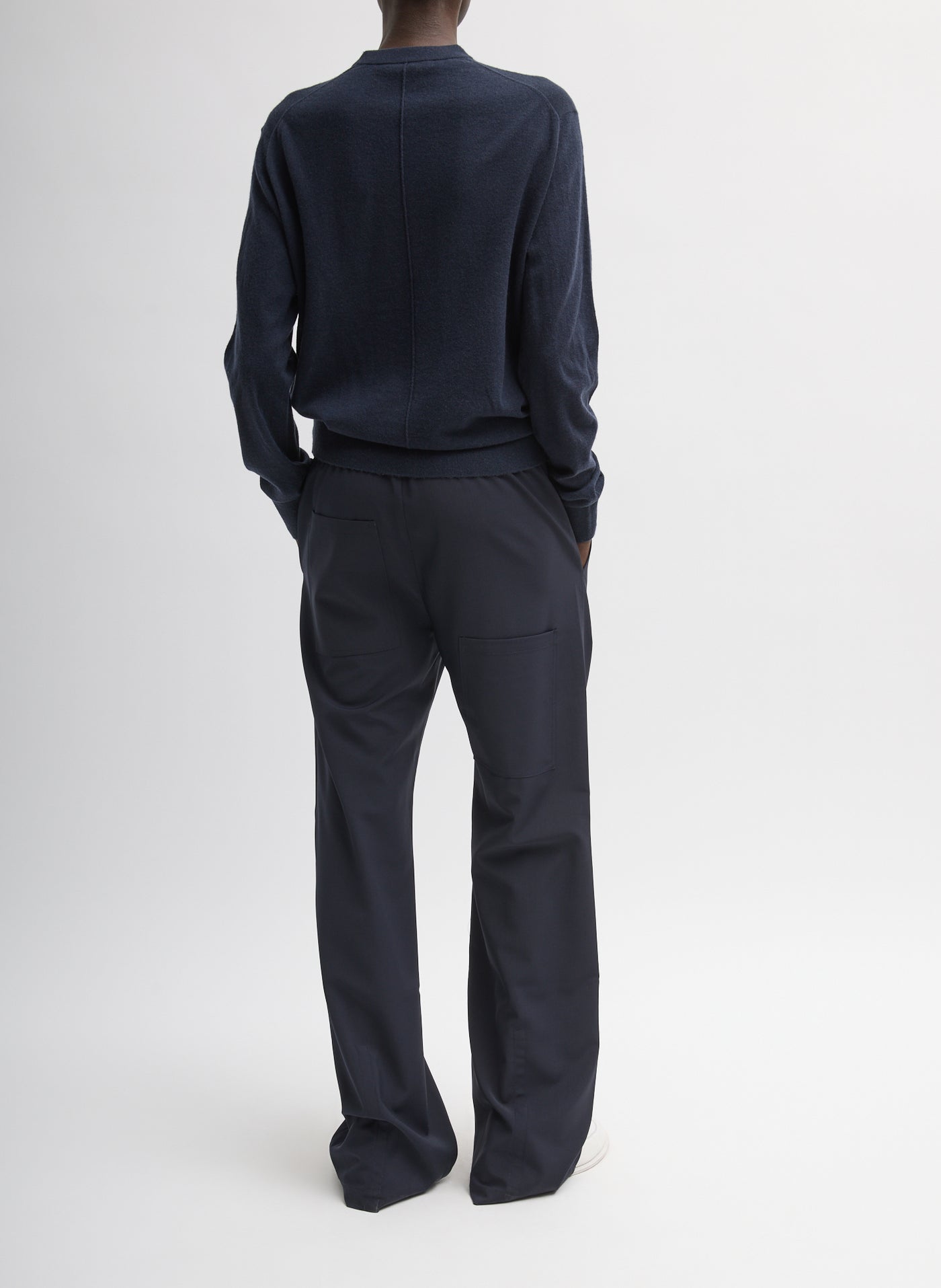 Tibi Skinlike Mercerized Wool Crewneck Pullover in Navy
