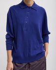 Tibi Washable Cashmere Easy Polo Sweater in Ink Blue