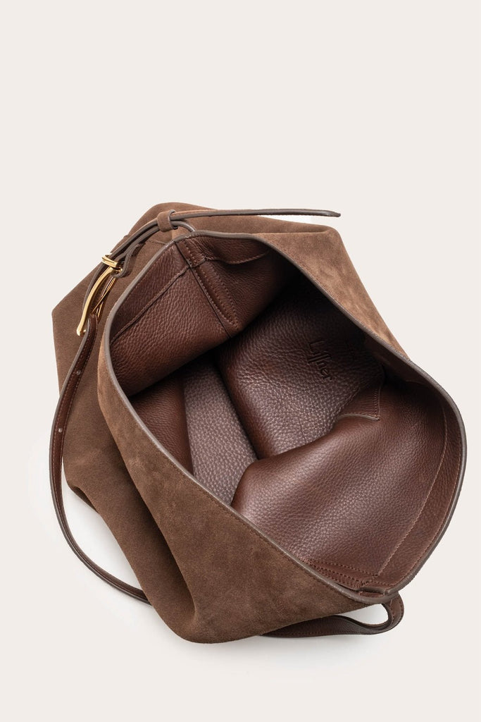 Liffner Dark Brown Suede Slouch Bucket Bag